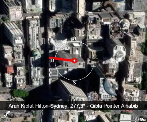 peta arah kiblat Hilton-Sydney: 277,3°