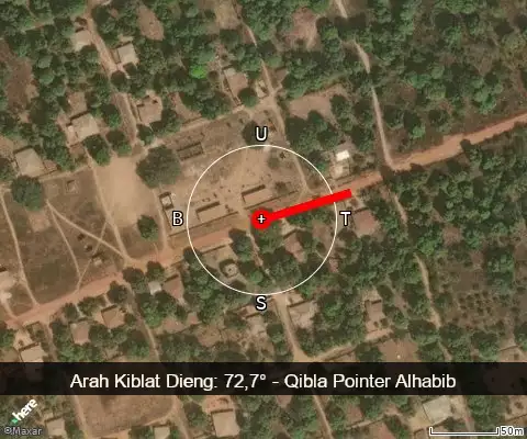 peta arah kiblat Dieng: 72,7°