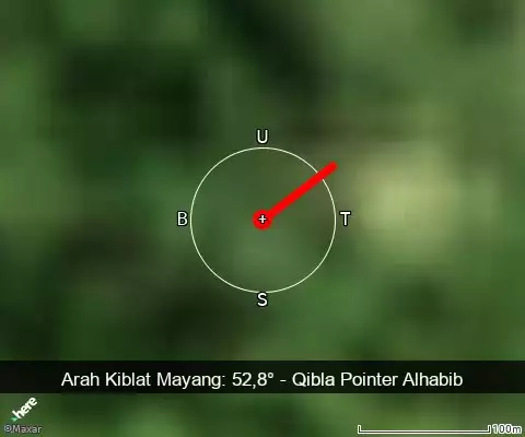 peta arah kiblat Mayang: 52,8°