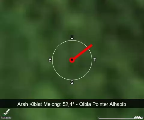 peta arah kiblat Melong: 52,4°