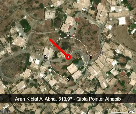 peta arah kiblat Al Abna: 313,9°