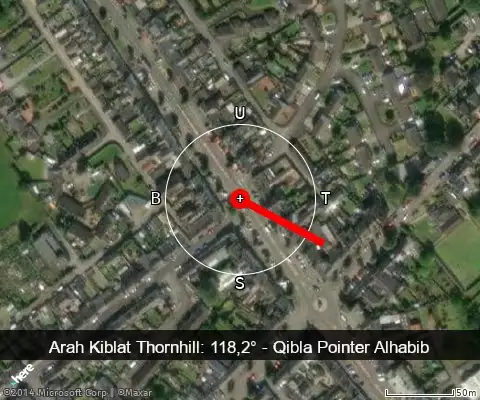 peta arah kiblat Thornhill: 118,2°