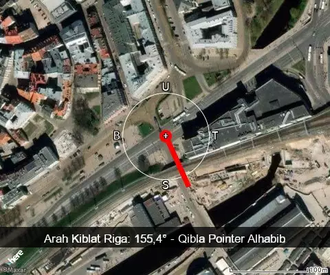 peta arah kiblat Riga: 155,4°