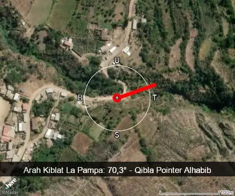 peta arah kiblat La Pampa: 70,3°