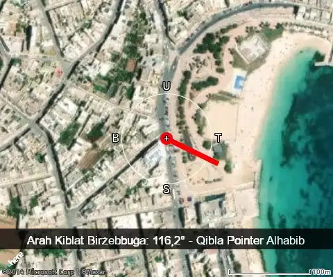 peta arah kiblat Birżebbuġa: 116,2°