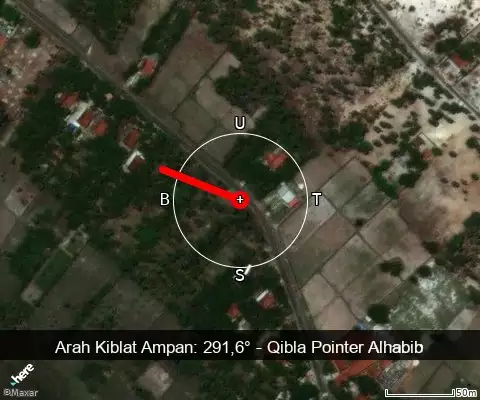 peta arah kiblat Ampan: 291,6°