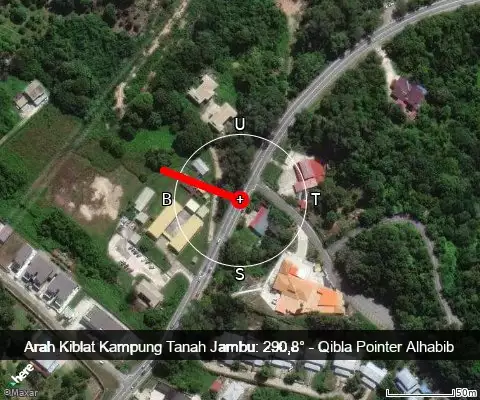 peta arah kiblat Kampung Tanah Jambu: 290,8°