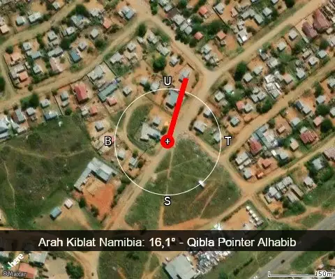 peta arah kiblat Namibia: 16,1°