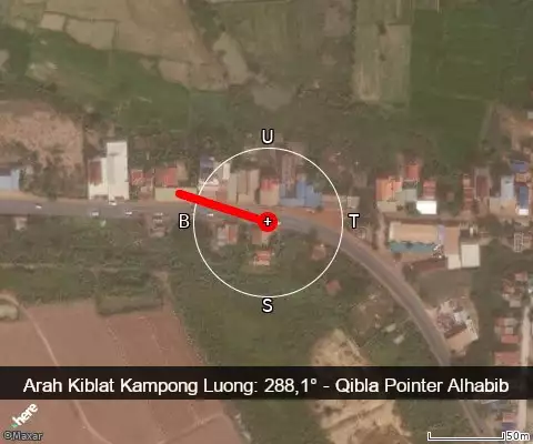 peta arah kiblat Kampong Luong: 288,1°