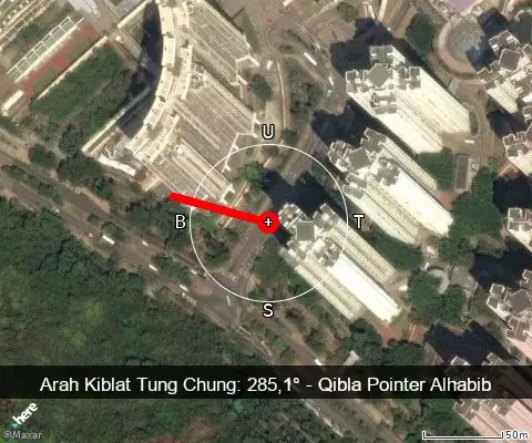 peta arah kiblat Tung Chung: 285,1°