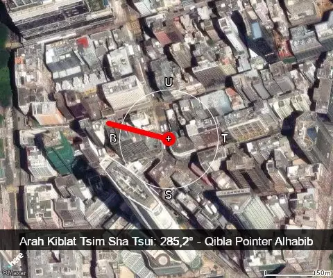 peta arah kiblat Tsim Sha Tsui: 285,2°