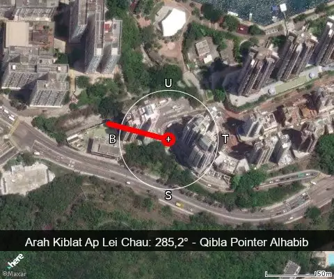 peta arah kiblat Ap Lei Chau: 285,2°