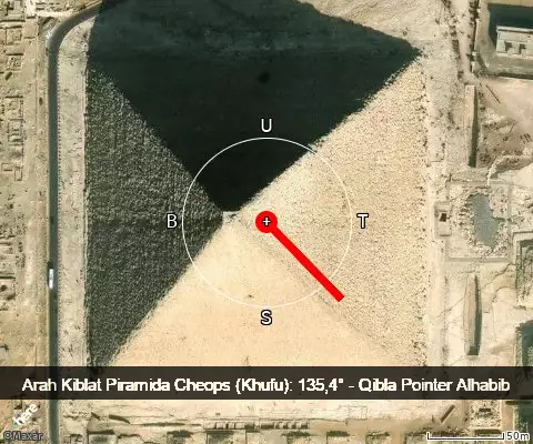 peta arah kiblat Piramida Cheops (Khufu): 135,4°