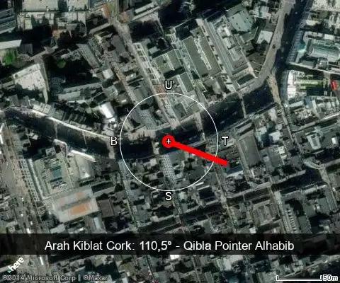 peta arah kiblat Cork: 110,5°