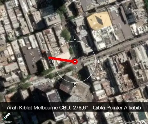 peta arah kiblat Melbourne CBD: 278,6°
