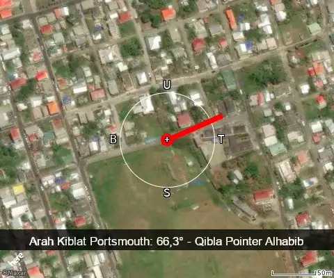 peta arah kiblat Portsmouth: 66,3°