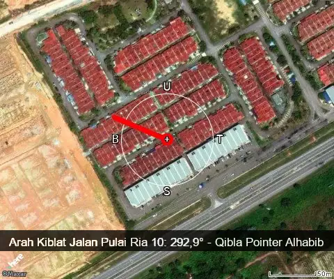 peta arah kiblat Jalan Pulai Ria 10: 292,9°