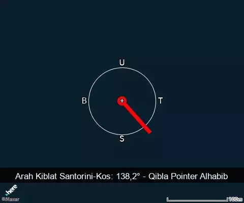 peta arah kiblat Santorini-Kos: 138,2°