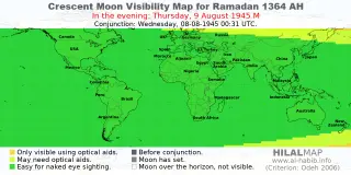 HilalMap: Crescent Visibility Map Ramadan 1364 AH. Moon sighting on Thursday, 9 August 1945 AD.