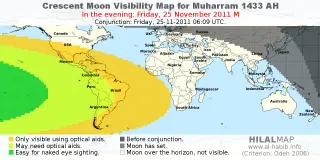 HilalMap: Crescent Visibility Map Muharram 1433 AH. Moon sighting on Friday, 25 November 2011 AD.