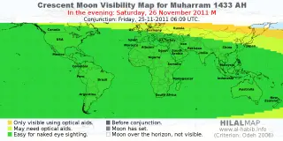 HilalMap: Crescent Visibility Map Muharram 1433 AH. Moon sighting on Saturday, 26 November 2011 AD.