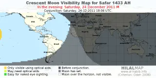 HilalMap: Crescent Visibility Map Safar 1433 AH. Moon sighting on Saturday, 24 December 2011 AD.