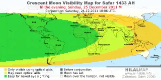 HilalMap: Crescent Visibility Map Safar 1433 AH. Moon sighting on Sunday, 25 December 2011 AD.