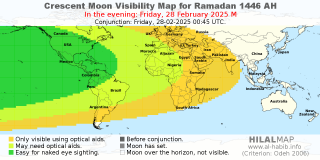 Crescent Moon Visibility Map for Ramadan 1446 AH on the evening of Friday, 28 February 2025.