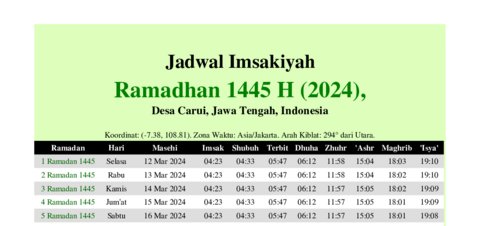 gambar Imsakiyah Ramadhan 1445 H (2024) untuk Desa Carui, Jawa Tengah, Indonesia