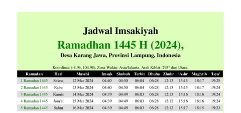 gambar Imsakiyah Ramadhan 1445 H (2024) untuk Desa Karang Jawa, Provinsi Lampung, Indonesia