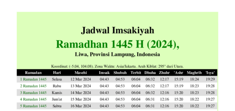 gambar Imsakiyah Ramadhan 1445 H (2024) untuk Liwa, Provinsi Lampung, Indonesia