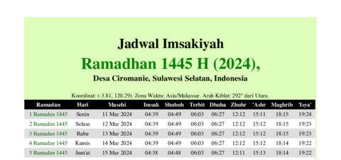 gambar Imsakiyah Ramadhan 1445 H (2024) untuk Desa Ciromanie, Sulawesi Selatan, Indonesia
