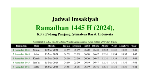 gambar Imsakiyah Ramadhan 1445 H (2024) untuk Kota Padang Panjang, Sumatera Barat, Indonesia