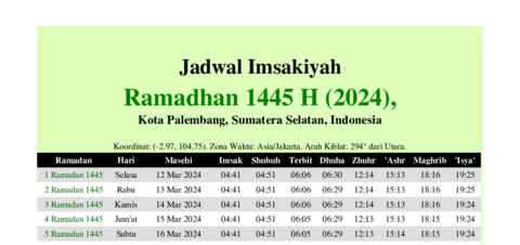 gambar Imsakiyah Ramadhan 1445 H (2024) untuk Kota Palembang, Sumatera Selatan, Indonesia