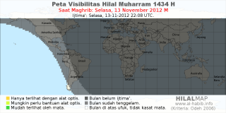 HilalMap: Peta Visibilitas Hilal Muharram 1434 H: rukyat tanggal 2012-11-13 M