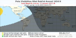HilalMap: Peta Visibilitas Hilal Rabiul-Awwal 1434 H: rukyat tanggal 2013-1-11 M