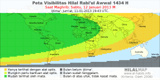 HilalMap: Peta Visibilitas Hilal Rabiul-Awwal 1434 H: rukyat tanggal 2013-1-12 M