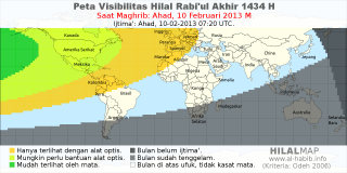 HilalMap: Peta Visibilitas Hilal Rabiul-Akhir 1434 H: rukyat tanggal 2013-2-10 M