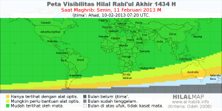 HilalMap: Peta Visibilitas Hilal Rabiul-Akhir 1434 H: rukyat tanggal 2013-2-11 M