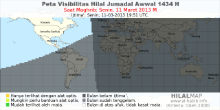 HilalMap: Peta Visibilitas Hilal Jumadal-Awwal 1434 H: rukyat tanggal 2013-3-11 M