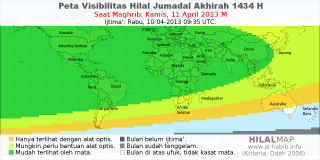 HilalMap: Peta Visibilitas Hilal Jumadal-Akhirah 1434 H: rukyat tanggal 2013-4-11 M