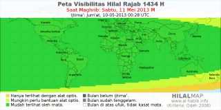 HilalMap: Peta Visibilitas Hilal Rajab 1434 H: rukyat tanggal 2013-5-11 M