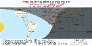 HilalMap: Peta Visibilitas Hilal Syaban 1434 H: rukyat tanggal 2013-6-8 M