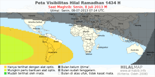 HilalMap: Peta Visibilitas Hilal Ramadhan 1434 H: rukyat tanggal 2013-7-8 M
