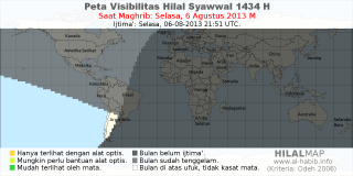 HilalMap: Peta Visibilitas Hilal Syawwal 1434 H: rukyat tanggal 2013-8-6 M