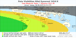 HilalMap: Peta Visibilitas Hilal Syawwal 1434 H: rukyat tanggal 2013-8-7 M