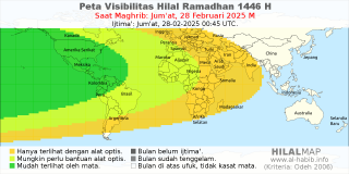 peta visibilitas hilal ramadhan 1446 H pada petang hari Jum'at, 28 Februari 2025.